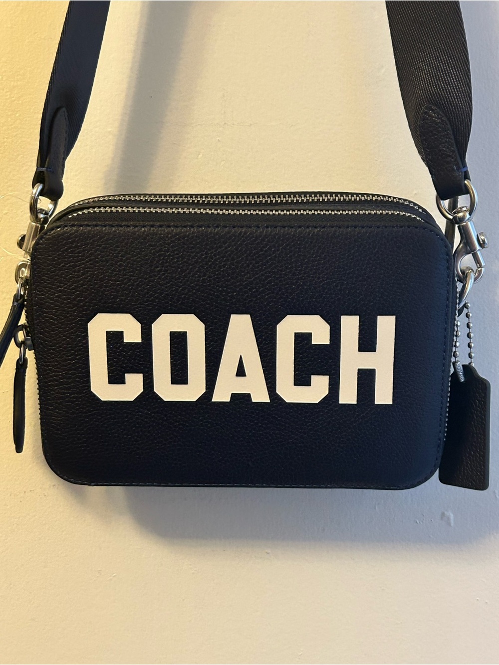Coach Navy Leather Logo Crossbody Bag with White Lettering